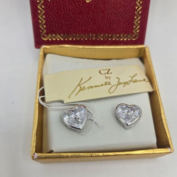 Vintage CZ by Kenneth Jay Lane Heart Stone Stud Earrings Silver Tone NEW - Picture 2 of 3